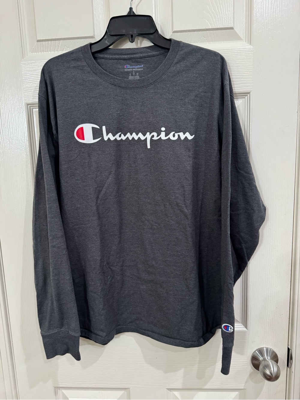 Champion Long Sleeve Logo Tee in Charcoal with White & Red Accent